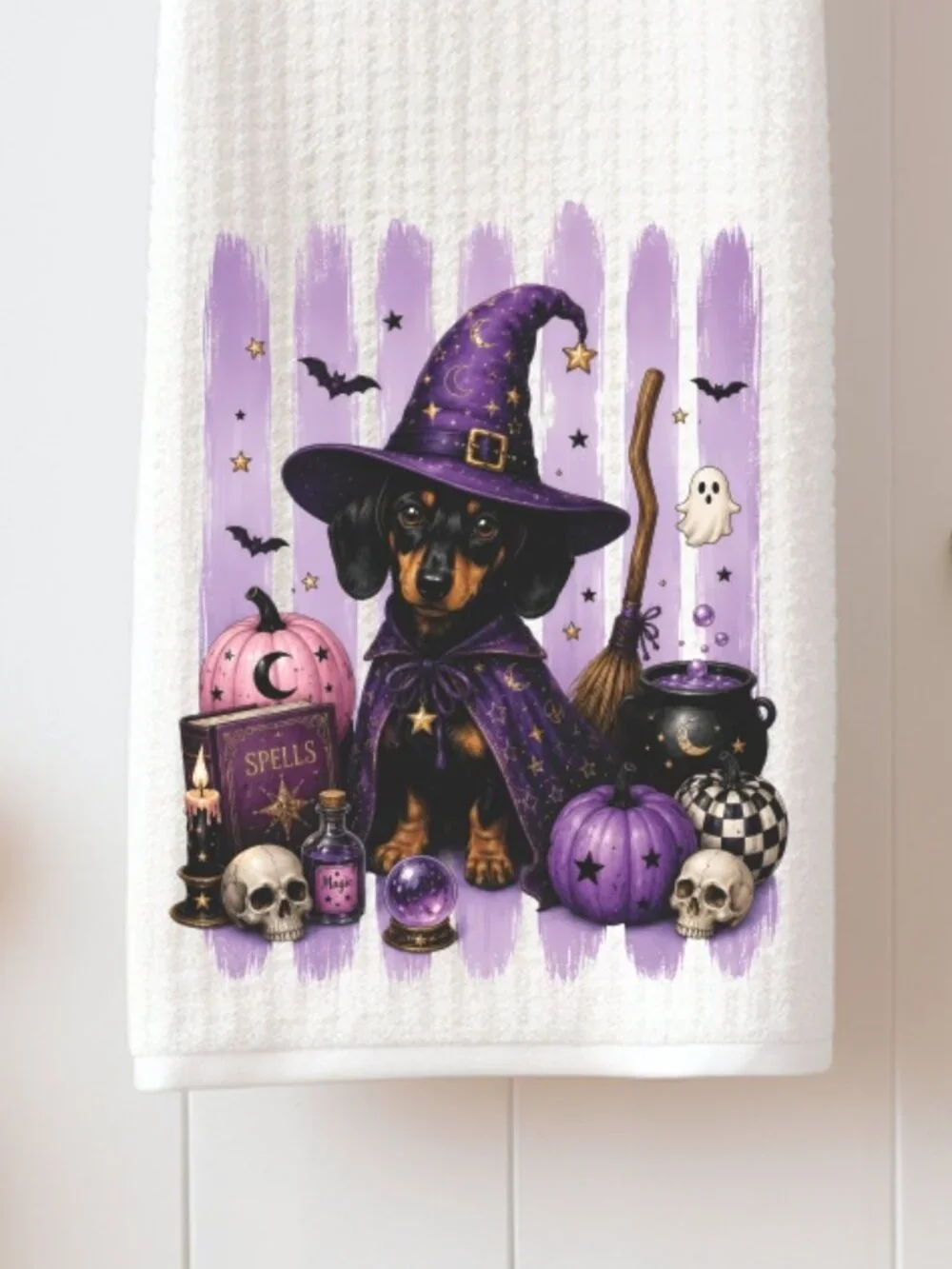 Purple Dachshund Witch Halloween Decorative Kitchen Tea Towel